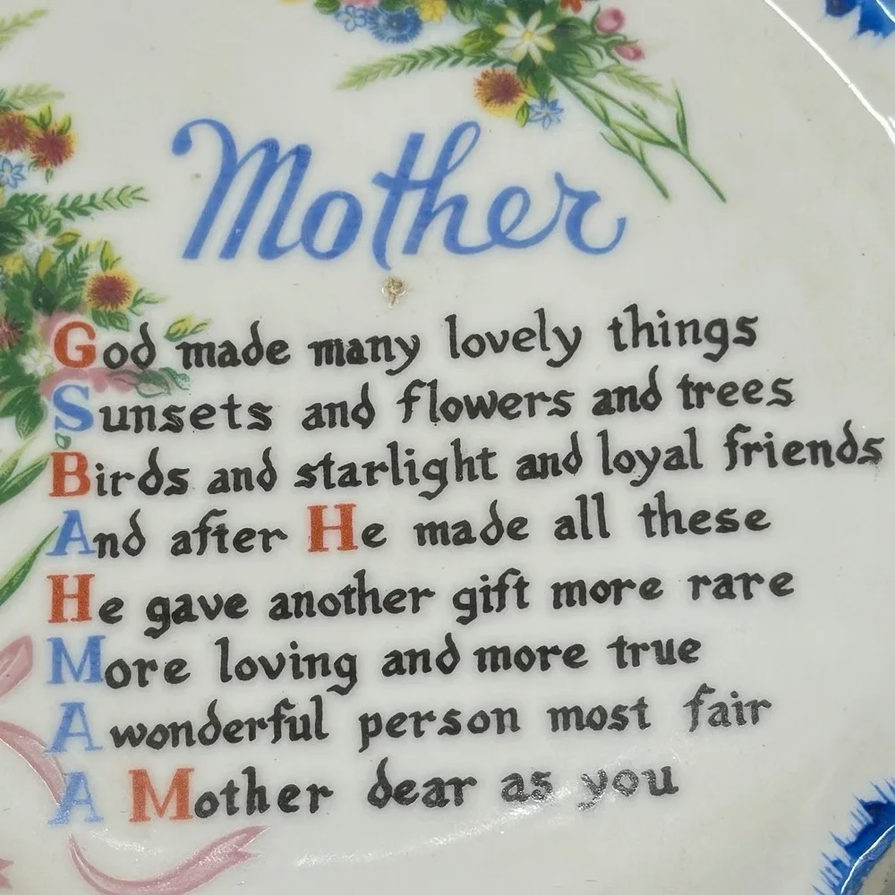 Vintage Mother Poem Collector Plate Reticulated Edge Blue Gold Trim Japan 8 inch